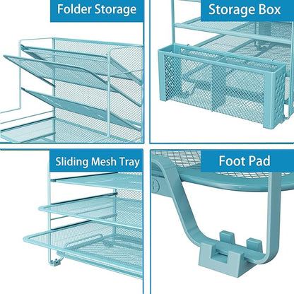 Simple Trending 7 Tier Desk File Organizer, Letter Tray Paper Organizer with Pen Holder and Metal Hanging Basket, Blue