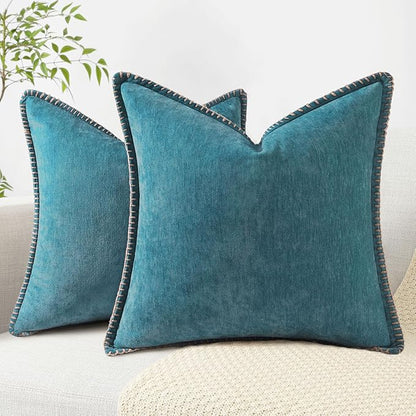 decorUhome Spring Chenille Soft Throw Pillow Covers 16x16 Set of 2, Farmhouse Velvet Neutral Decorative Pillow Covers with Stitched Edge for Couch Sofa Bed Home Decor, Teal