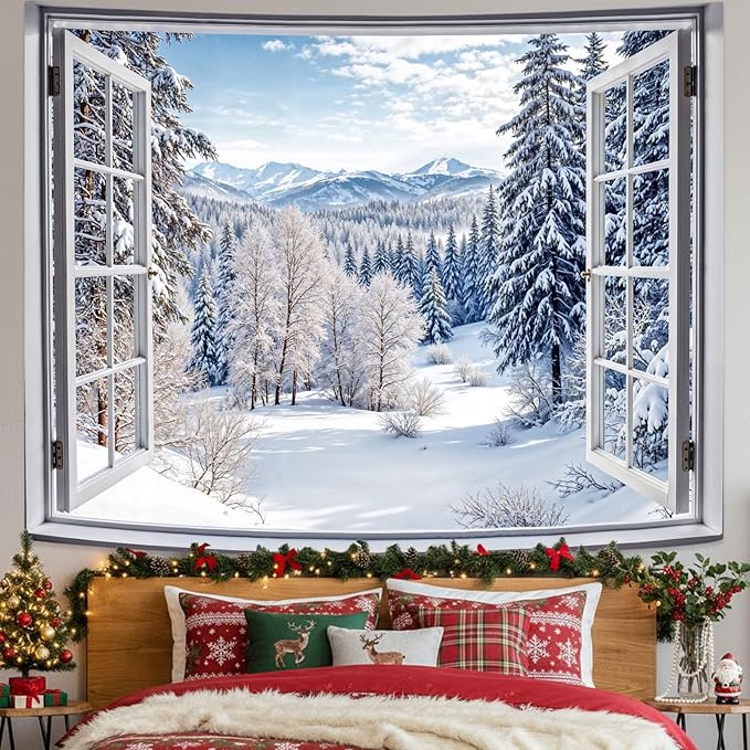 Lifeel Winter Snowy Scenic Tapestry, Forest Nature Landscape Window Tapestries, Living Room Dorm Bedroom Wall Decor White, 36x48 inches