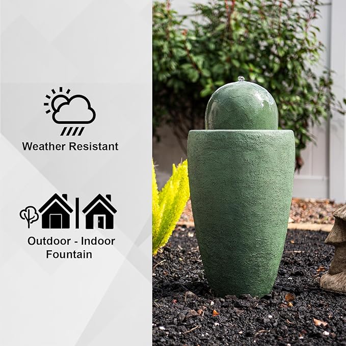 XBrand 26" Modern Sphere Water Fountain with LED Light – Indoor Outdoor Stone Texture Floor Fountain, Zen Bubbling Ball Water Feature for Garden Patio Porch - Green