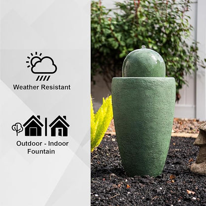 XBrand 26" Modern Sphere Water Fountain with LED Light – Indoor Outdoor Stone Texture Floor Fountain, Zen Bubbling Ball Water Feature for Garden Patio Porch - Green