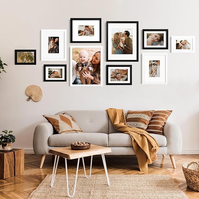 KINLINK 6x8 Picture Frame Black, Solid Wood Frames with Acrylic Plexiglass for Pictures 4x6 with Mat or 6x8 without Mat, Tabletop and Wall Display Photo Frame, Set of 4