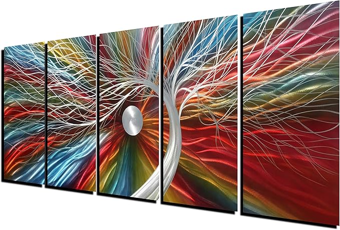 Metal Wall Art with Colorful Fantastic Tree Design, Abstract Modern and Contemporary Décor, Handcrafted Metal Wall Sculpture, Unique Aluminum Artwork, Indoor and Outdoor decoration, 5 panels 64"x24"