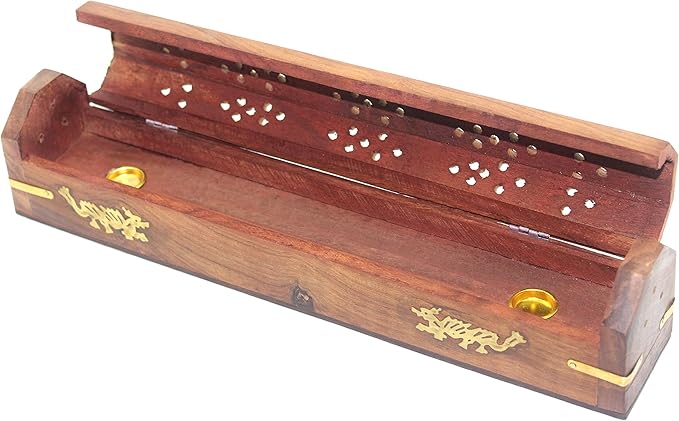 Govinda Wooden Coffin Incense Burner - 12" Dragon - Brass Inlays - Storage Compartment