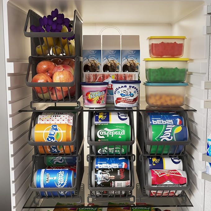 GILLAS 4 Pack Stackable Soda Can Organizer for Refrigerator, Can Holder Dispenser, Canned Food Storage Rack for Fridge, Kitchen, Countertops, Cabinets, Black