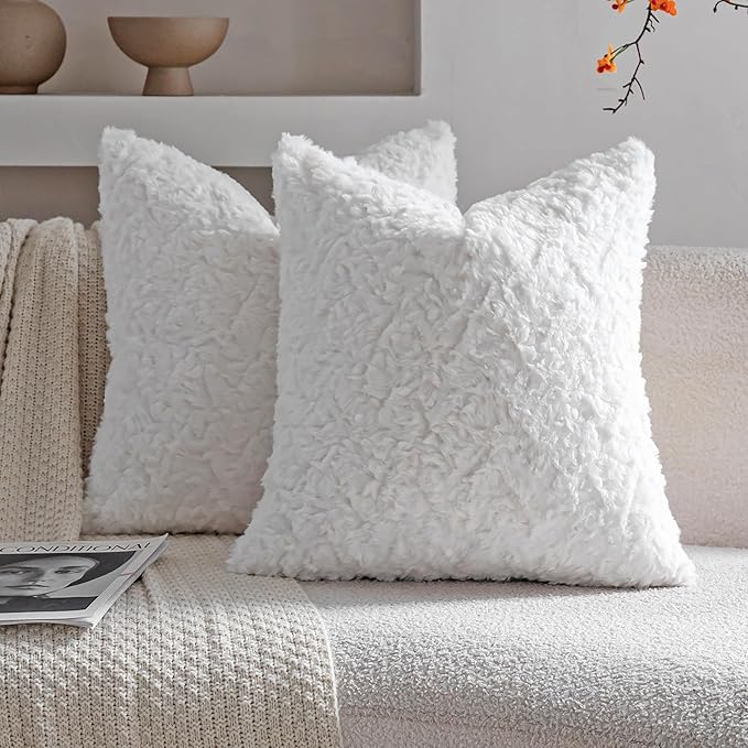 Neelvin Set of 2 Faux Fur Throw Pillow Covers 16x16 Inch White Cozy Soft Solid Decorative Pillowcases Thick Plush Sheepskin Cushion Case for Chair and Couch Sofa Bedroom