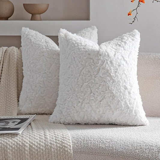Neelvin Set of 2 Faux Fur Throw Pillow Covers 16x16 Inch White Cozy Soft Solid Decorative Pillowcases Thick Plush Sheepskin Cushion Case for Chair and Couch Sofa Bedroom