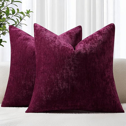 decorUhome Chenille Burgundy Spring Throw Pillow Covers 24x24 Inch Set of 2, Decorative Soft Couch Pillow Covers Solid Dyed Accent Farmhouse Neutral Square Pillow Cases for Sofa