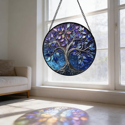 DASTOLL Stained Glass Window Hanging, Blue Purple Tree of Life Sun Catchers Colorful Glass Panel Plants Suncatcher Decor for Birthday for Women,Men,Wife, Lovers, and Mom 11.8x11.8 in