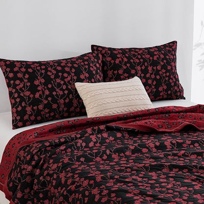100% Cotton Muslin Jacquard 2 Piece Quilt Set Floral Plum Blossom Print, Soft 3 Layers Gauze Bed Cover Reversible Bedspread Coverlet Breathable Lightweight Bedding Set, Twin