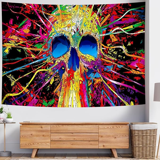 Delur Skull Tapestry Gothic Horror Colorful Skeleton Mystic Dark Tapestry Wall Hanging Trippy Vintage Aesthetic Witchy Psychedelic Headboard for Bedroom Living Room Home Decor (51.2" x 59.1")