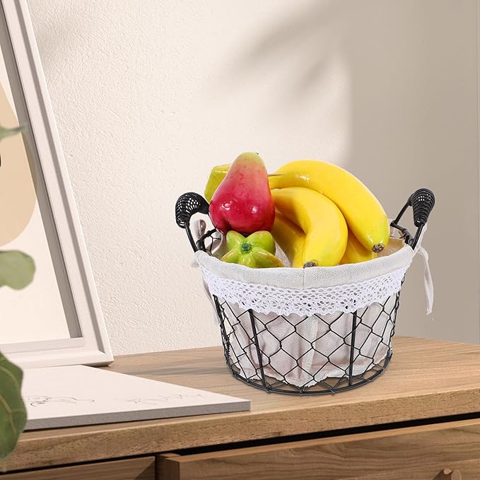 SAFIGLE Iron Wire Basket with Handle and Fabric Liner, Metal Storage Basket for Fresh Eggs and Bread Serving, Rustic Fruit Organizer for Kitchen and Coffee Table