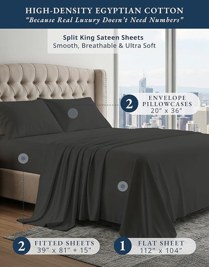 LANE LINEN 100% Egyptian Cotton Split King Bed Sheets for Adjustable Beds, Fully Elasticized Reinforced Seams Extra Deep Pocket Split King Sheet, No Pill Fade Resistant Sheets - Black