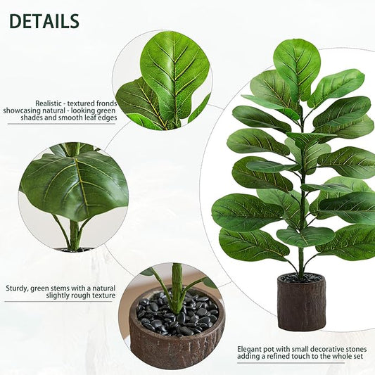 2 Pack Artificial Fiddle Leaf Fig Tree 30in, Large Realistic Faux Ficus Lyrata Plant with Pot Table Top Faux Plant for Indoor Outdoor Home, Office, Living Room, Bathroom Decor (Wood-grain pot, 30in-2)