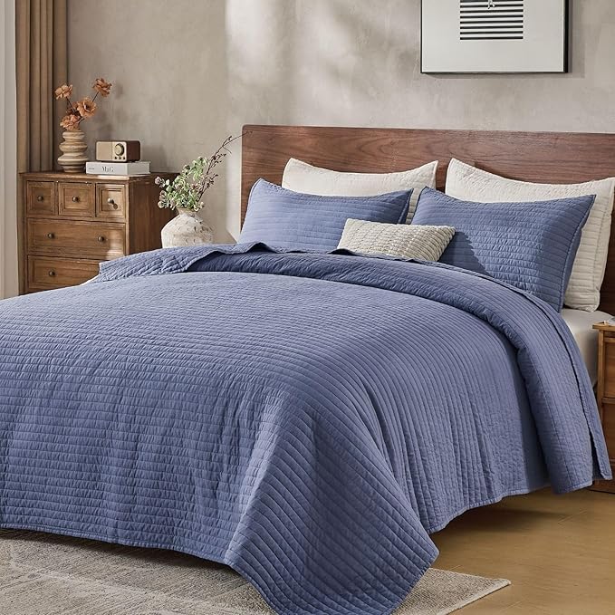 DOWN HOME Cali King Quilt Bedding Set with Shams, Vintage Washed Quilted Blanket Thin Comforter Lightweight Bedspread Coverlet Bed Cover, Brushed Microfiber Stripe Stitching, Vintage Denim, 111"x92"
