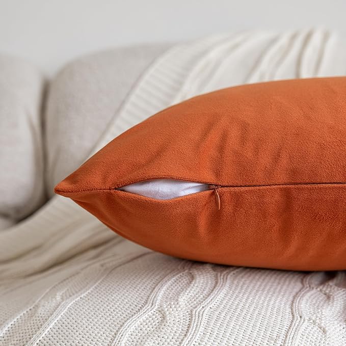 FEVERQIYI Velvet Pillow Covers Set of 2 Throw Sham Pillowcase Soft Solid Decorative Cushion Covers for Bedroom Living Room Outdoor Indoor Decoration, Orange, 24"x24"