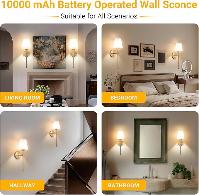 Battery Operated Wall Sconce: Peel and Stick Adhesives Stick On Non Drill Wall Light, Rechargeable Wireless Wall Lamp with Battery Corn Bulb for Bedroom Wall Decor (Gold,20inch)