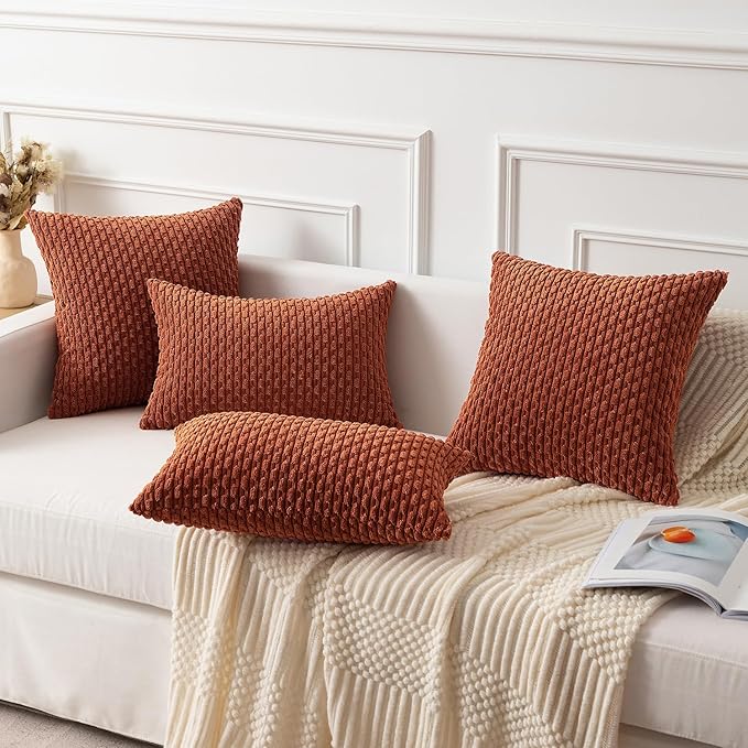 Kevin Textile Fall Pack of 2 Corduroy Decorative Throw Pillow Covers 16x16 Inch Soft Boho Striped Pillow Covers Modern Farmhouse Home Decor for Sofa Living Room Couch Bed Rust