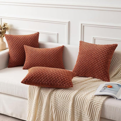 Kevin Textile Fall Pack of 2 Corduroy Decorative Throw Pillow Covers 16x16 Inch Soft Boho Striped Pillow Covers Modern Farmhouse Home Decor for Sofa Living Room Couch Bed Rust