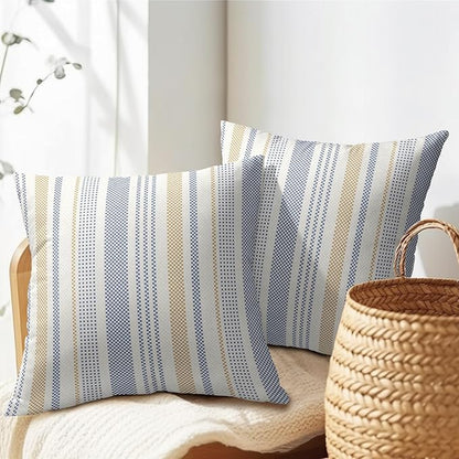 Blue Yellow Pillow Covers 18x18 Set of 2 Geometric Striped Print Partten Decorative Outdoor Boho Pillowcases with Zipper Rustic Decoration Farmhouse Sofa Couch Throw Cushion Cover Bed Decor
