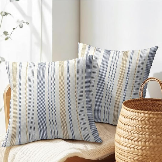Blue Yellow Pillow Covers 18x18 Set of 2 Geometric Striped Print Partten Decorative Outdoor Boho Pillowcases with Zipper Rustic Decoration Farmhouse Sofa Couch Throw Cushion Cover Bed Decor