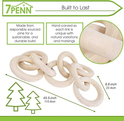 7Penn Wood Chain Link Decor - Large Decorative Chain Coffee Table Decor Pine Wood 8 Link Chain for Shelves
