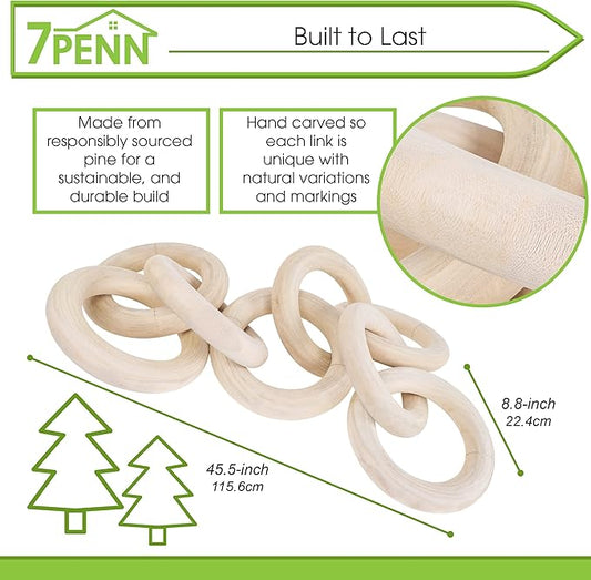 7Penn Wood Chain Link Decor - Large Decorative Chain Coffee Table Decor Pine Wood 8 Link Chain for Shelves