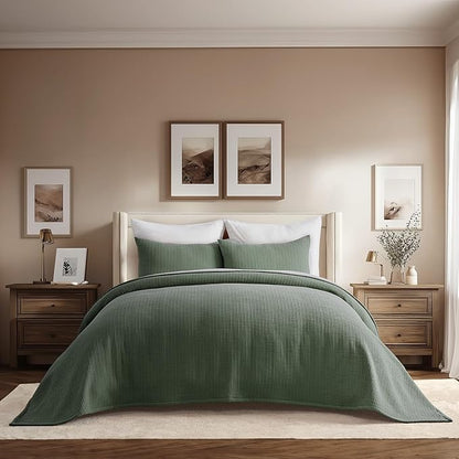 EVERGRACEHOME Cotton Gauze Queen Bedspread, Ultra Soft Prewashed Pick Stitch Matelassé Coverlet, Lightweight Textured Oversized Queen Quilt Bedding Set for All Season, with 2 Shams, Olive Green