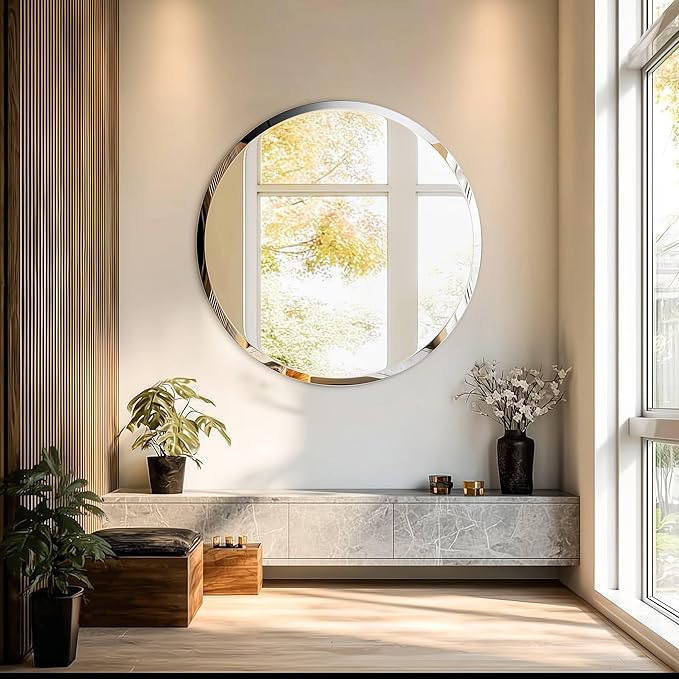 Frameless Round Wall Mirror: Decorative Mirrored Glass Vanity with Beveled Silver Edge for Bathroom Bedroom Livingroom Dining Room Entryway Hallway, 36 x 36 inch