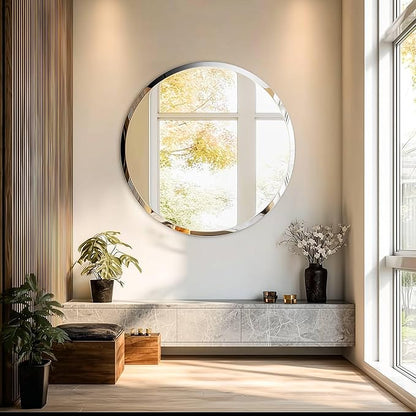 Frameless Round Wall Mirror: Decorative Mirrored Glass Vanity with Beveled Silver Edge for Bathroom Bedroom Livingroom Dining Room Entryway Hallway, 36 x 36 inch