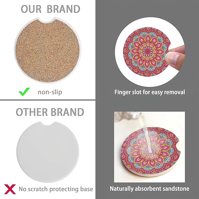 Boho Mandala Car Coasters for Women 2 Pack,Vintage Flower Ottoman Absorbent Car Coasters for Cup Holders Insert Ceramic Anti Slip with Finger Notch & Cork Base Auto Accessories Gifts