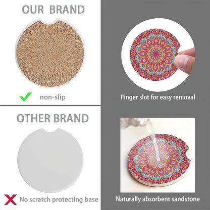 Boho Mandala Car Coasters for Women 2 Pack,Vintage Flower Ottoman Absorbent Car Coasters for Cup Holders Insert Ceramic Anti Slip with Finger Notch & Cork Base Auto Accessories Gifts