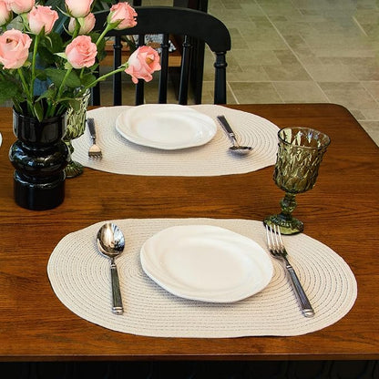 Noctiflorous Oval Braided Placemats Set of 6 Woven 12x18 Inch Non Slip Washable Heat Resistant Place Mats Round Tablemats for Dining Kitchen Party Daily Table Decor Dinner Mats (Solid Beige White, 6)
