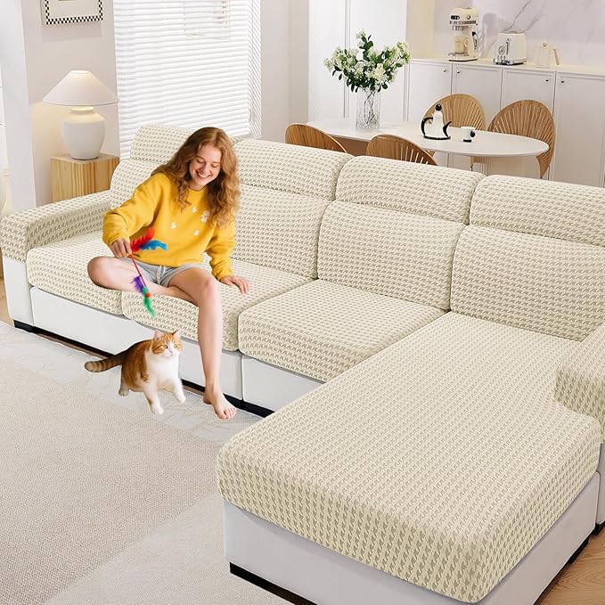 MAXIJIN Couch Cushion Covers for Sectional Sofa, Stretch Sofa Cushion Cover Washable Furniture Protector with Elastic Bottom & Non-Slip Strap for Pets Kids (3PC Seat Cover, Beige)
