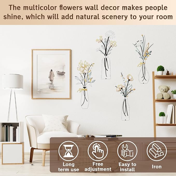 Buseeau 4Pcs Metal Flowers Wall Arts, Rustic Farmhouse Wall Decor Set, Bathroom Wall Art & Metal Wall Art with Included Nails for Bathroom Living Room Dining Room Bedroom, Housewarming Gifts