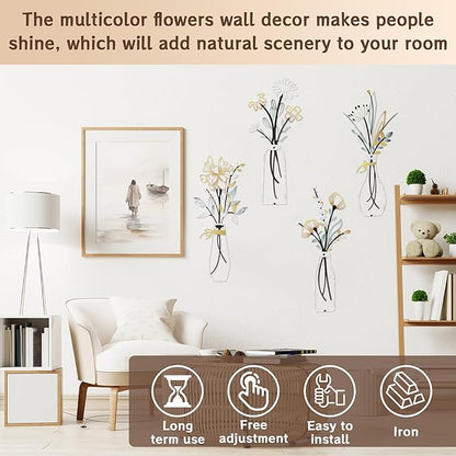 Buseeau 4Pcs Metal Flowers Wall Arts, Rustic Farmhouse Wall Decor Set, Bathroom Wall Art & Metal Wall Art with Included Nails for Bathroom Living Room Dining Room Bedroom, Housewarming Gifts