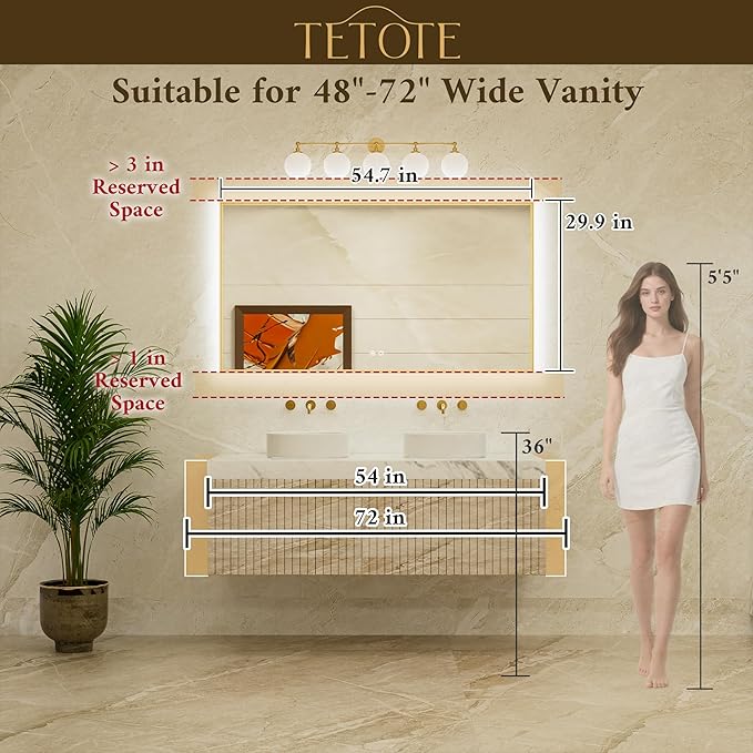 TETOTE 55 x 30 Backlit Mirror Brushed Nickel Metal Frame LED Light Vanity 3-Color White/Warm/Natural Stepless Dimmable Anti-Fog Backlight Mirror Wall-Mounted