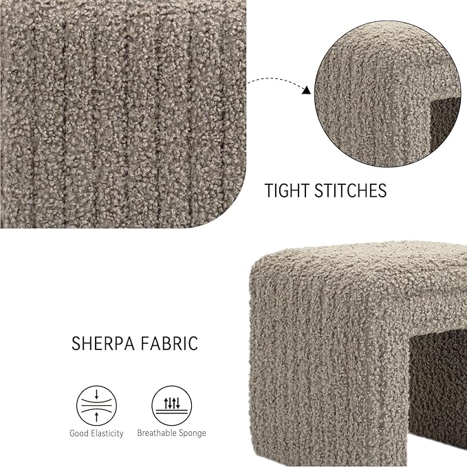Get Set Style Vanity Stool Chair,Modern Wool Pouf Ottoman Foot Stool with Wooden Legs Sofa Bench Footstool Extra Seat for Vanity,Makeup Room,Living Room,Entryway,Office (Fully Assembled) (Khaki)