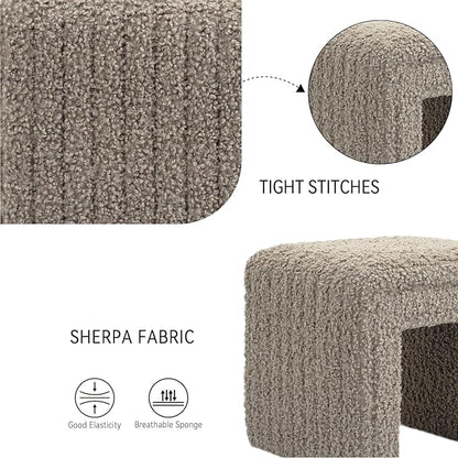 Get Set Style Vanity Stool Chair,Modern Wool Pouf Ottoman Foot Stool with Wooden Legs Sofa Bench Footstool Extra Seat for Vanity,Makeup Room,Living Room,Entryway,Office (Fully Assembled) (Khaki)