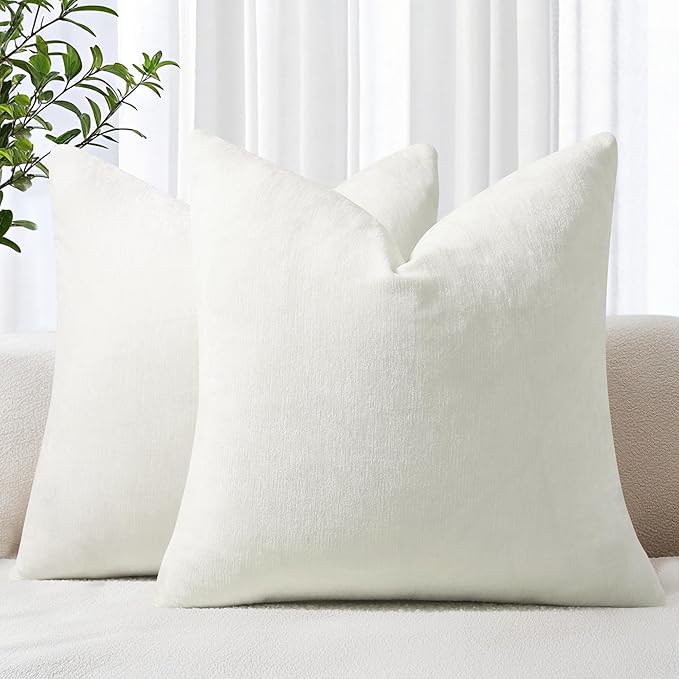 decorUhome Chenille Cream White Spring Throw Pillow Covers 26x26 Inch Set of 2, Decorative Soft Couch Pillow Covers Solid Dyed Accent Farmhouse Neutral Square Pillow Cases for Sofa