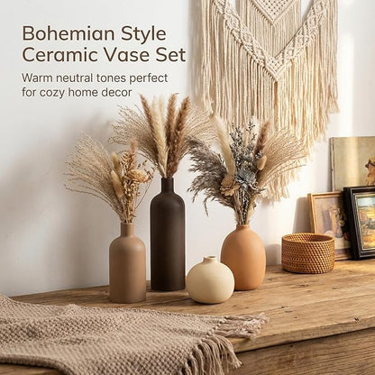 Ceramic Vase Set of 4, Modern Neutral Colors Home Decor, Rustic Farmhouse Decorative Flowers Vases for Bouquet, Pampas | Table Mantel Centerpiece Bookshelf Living Room Bedroom (Neutral Mix Set of 4)