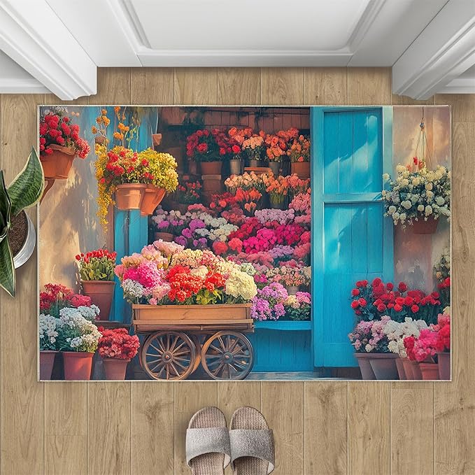 Pastoral Flowers 5x8 Area Rug Colorful Flower Shop Washable Rugs for Living Room Bedroom, Retro Wooden Door Soft Low Pile Non Slip Accent Floor Mat Print Throw Rug Indoor Carpet Dining Room Playroom