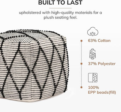 Anji Mountain 100% Handmade & Handcrafted Comfortable Home Décor Pouf Ottoman Footrest for Living Room, Bedroom, Nursery, Kidsroom, Patio Furniture - (19" x 19" x 17"- Black,White)