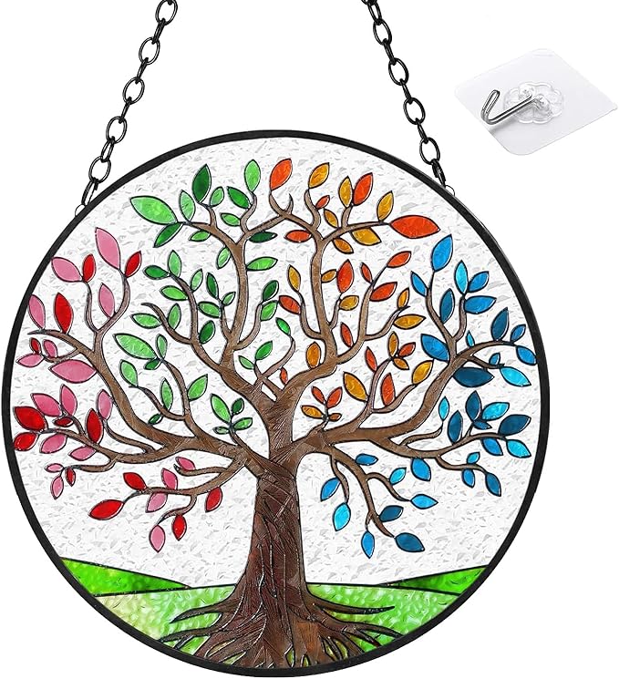 Ciarain Tree of Life Suncatchers Stained Glass Window Hangings Ornaments, 6.3''* 6.3'' Hand-Painted Vibrant Color Family Tree Sun Catcher Memorial Gifts for Women,Christmas Decor Gifts
