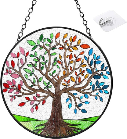 Ciarain Tree of Life Suncatchers Stained Glass Window Hangings Ornaments, 6.3''* 6.3'' Hand-Painted Vibrant Color Family Tree Sun Catcher Memorial Gifts for Women,Christmas Decor Gifts