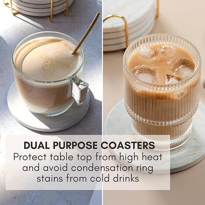 Ceramic Absorbent Coasters Set of 6 with Holder, Marble Drink Coasters for Coffee Table, Water Absorbing Coaster (White)