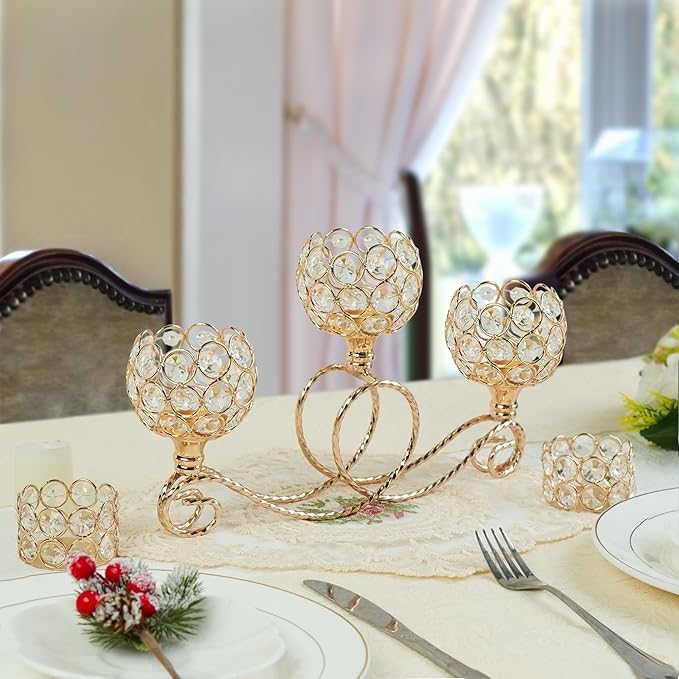 Gold 3 Arm Metal Crystal Tea Light Candle Holder, Elegant Wedding Table Centerpiece Candleholder, Christmas Wishing Crystal Bowl Candle Holder Suitable for Wedding Party Living Room Decoration