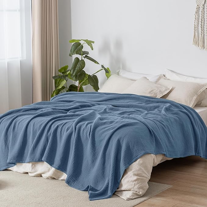 PHF 100% Cotton Muslin Blanket Queen Size 90"x90", 4-Layer Lightweight Gauze Throw, Breathable Cloud-Soft Minimalist Blanket for Bed, Couch, Camping & Baby, Denim Blue, Ideal Gift