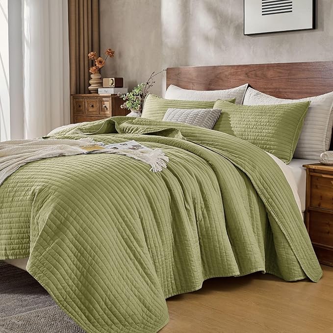 DOWN HOME Queen Quilt Bedding Set with Shams, Vintage Washed Soft Quilted Blanket Thin Comforter Lightweight Bedspread Coverlet Bed Cover, Brushed Microfiber Stripe Stitching, Golden Olive, 86"x90"