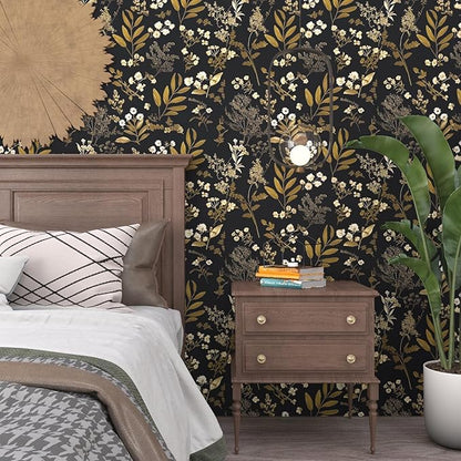 Vintage Wallpaper Peel and Stick Black Floral Wallpaper 17.5'' x 393'' Gold Leaf Contact Paper Vinyl Waterproof Self Adhesive Boho Botanical Wall Paper for Bedroom Shlef Cabinet Décor